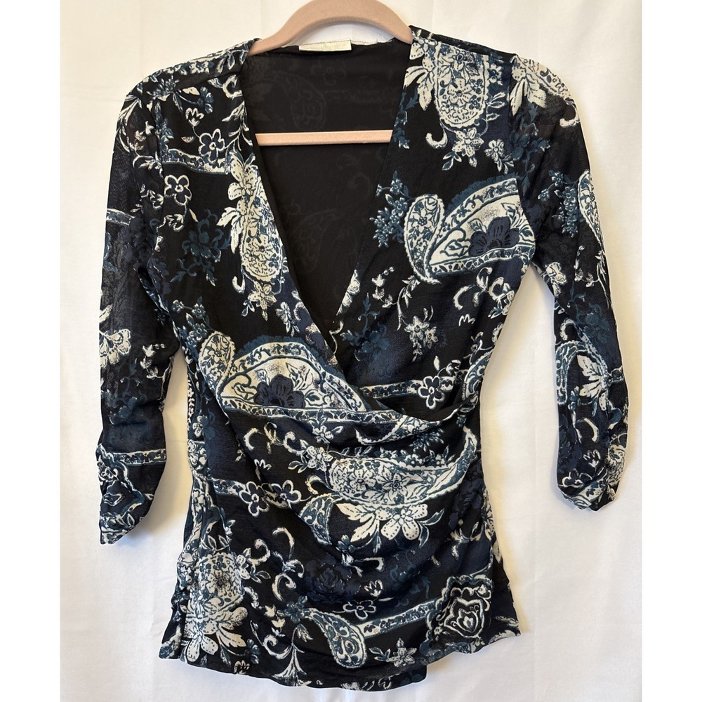 Women's blue FLORAL PRINT FAUX WRAP blouse Ruched Cuff WORTHINGTON XS